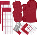 Oven Mitts Kitchen Towels and Dishcloths Pot Holders Sets, Oven Gloves Kitchen Dish Towels 500 Degree Heat Resistant Potholders with Non-Slip Silicone Surface for Cooking, Grilling, Baking-Red