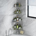 LAMU Shower Caddy Corner Tension Pole, Stainless Steel Shower Organizer, Strong Spring, 5 Adhesive Pads, 2.4 in Non-Slip Grid Base, Adjustable 4-Tier Basket, 4 Hooks, Fits Heights 37.8-124 in, Silver