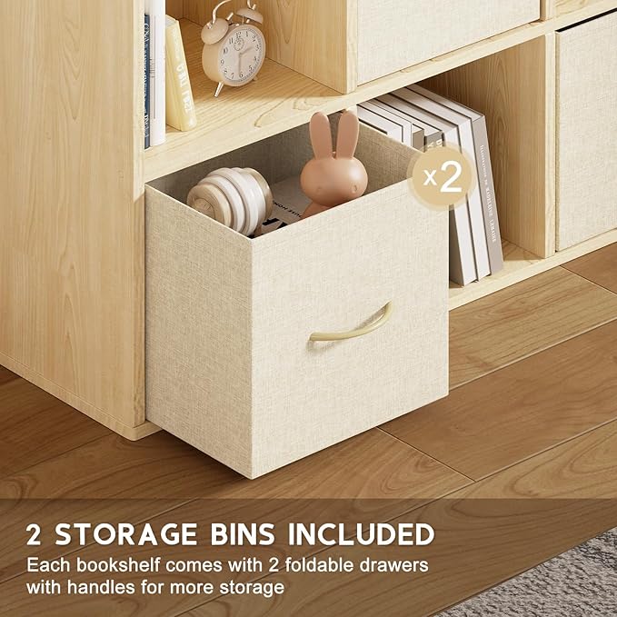 EXPERLAM 4 Cube Storage Organizer - Solid Wood Bookshelf with 2 Storage Bins, Cube Shelf with 2 Removable Back Panels, Vertical or Horizontal Bookcase, Open Book Shelf for Bedroom, Living Room, Office