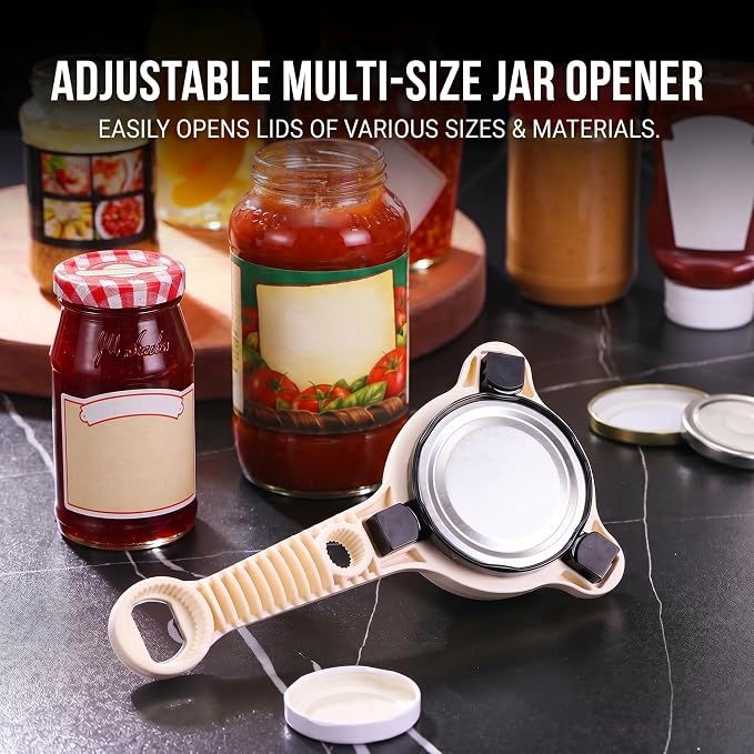 4 in 1 Multi-Purpose Jar Opener, Adjustable 3-Claw Lid Gripper & Bottle Cap Remover Tool for Seniors, Easy Open Jars, Cans, Bottles for Kitchen and Home Use