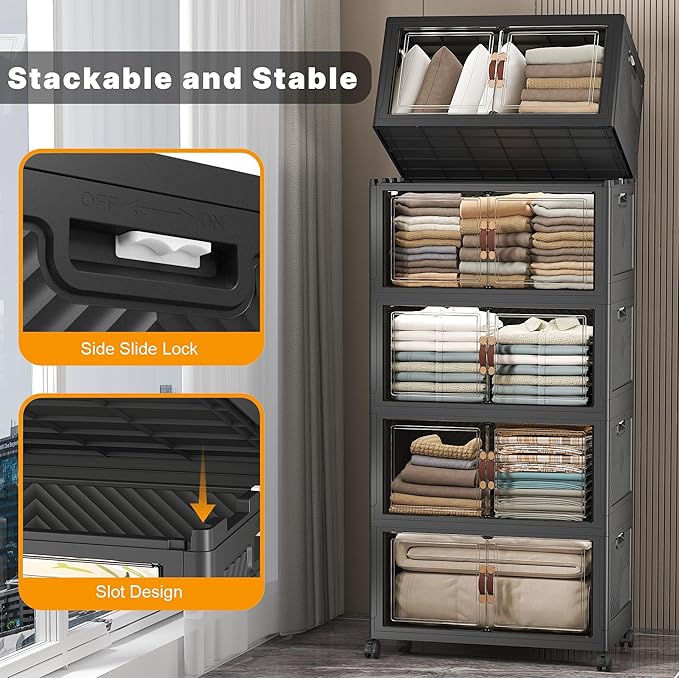 UAMFURI Stackable Storage Bins with Lids & Wheels & Door, Foldable Collapsible Closet Organizers, Extra Large Plastic Storage Drawers for Bedroom Dorm Office Garage (Dark-112QT, 5Pack with 1 top lid)
