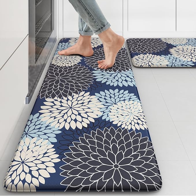 Anti Fatigue Kitchen Mats 2PCS,Boho Dahlia Kitchen Rugs Non Slip Rubber Backing,Farmhouse Waterproof Kitchen Mat for Floor,Cushioned Standing Mat for Kitchen,Sink,Desk,Mutil-Blue