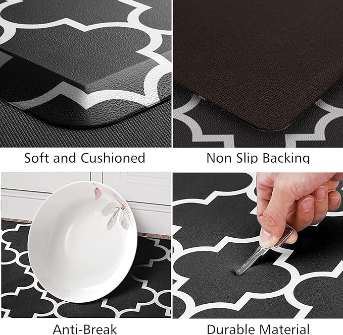 KMAT Kitchen Mat [2 PCS] 0.47inch Cushioned Anti-Fatigue Kitchen Rug, Waterproof Non-Skid Kitchen Mats and Rugs Heavy Duty PVC Ergonomic Comfort Standing Mat for Kitchen, Floor Home, Sink, Black
