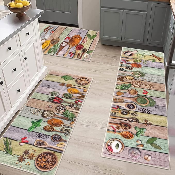 Vaukki Boho Kitchen Rug Sets 3 Pieces, Washable Kitchen Mats for Floor, Non Slip Soft Kitchen Area Rug Floor Mat for Kitchen, Laundry Room and Hallway (Spice-Colorful, 20''x32''+20''x47''+20''x59'')