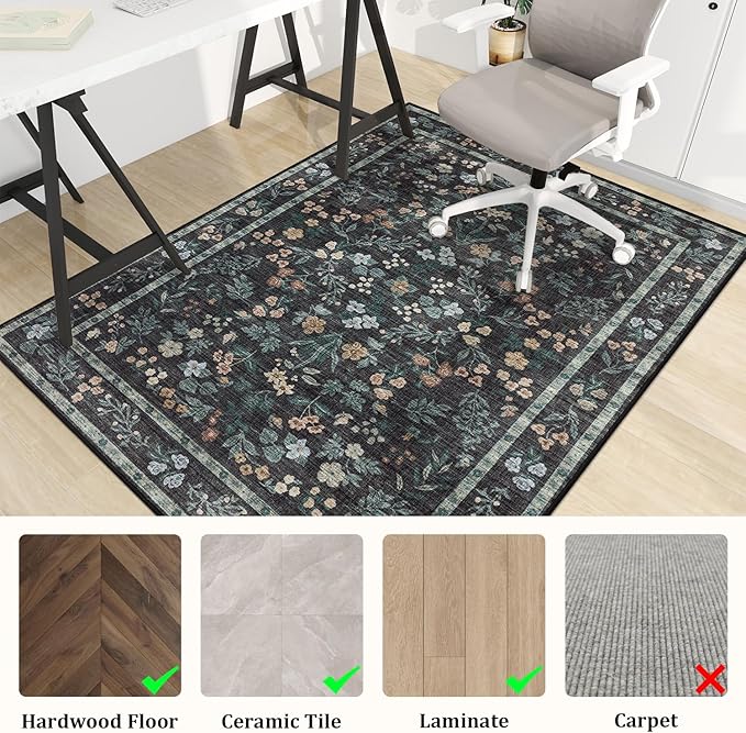 chakme Office Chair Mat for Hardwood Floor, 60"x45" Easy Glide Computer Desk Mat Protector for Rolling Chair Under Desk Rug Nonslip Backing, Machine Wash, (Floral)