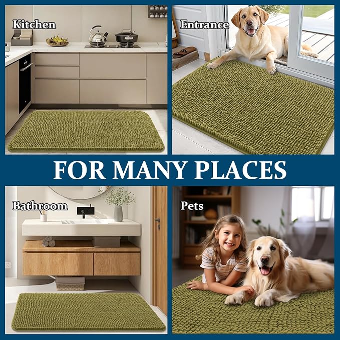 OLANLY Dog Door Mat for Muddy Paws 59x35, Absorbs Moisture and Dirt, Absorbent Non-Slip Washable Doormat, Quick Dry Chenille Mud Mat, Entry Indoor Entryway Carpet for Inside Floor, Willow Green