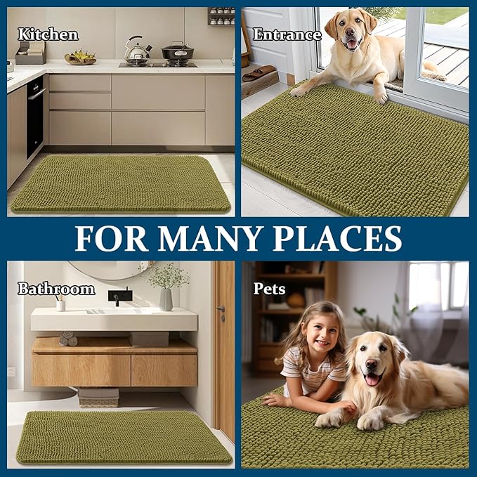 OLANLY Dog Door Mat for Muddy Paws 32x20, Absorbs Moisture and Dirt, Absorbent Non-Slip Washable Doormat, Quick Dry Chenille Mud Mat, Entry Indoor Entryway Carpet for Inside Floor, Willow Green