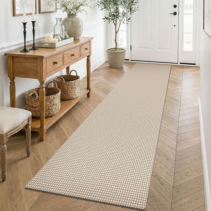 KOZYFLY Runners for Hallways 2x8 ft Washable Kitchen Runner Non Slip Rubber Backed Hall Runners Cotton Entryway Runner Rugs for Indoor Backdoor Bedroom Kitchen, Ivory/Camel/Brown
