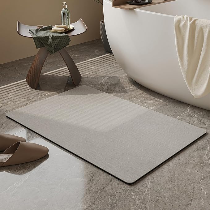 Mecko Bath Mat Rug, Ultra Thin Bathroom Rug -Rubber Non-Slip Quick Dry Absorbent Bath Mat Fit Under Door, Faux Suede Surface Bathroom Floor Mats for Bath, Shower, or Sink (Light Grey,20"x32")