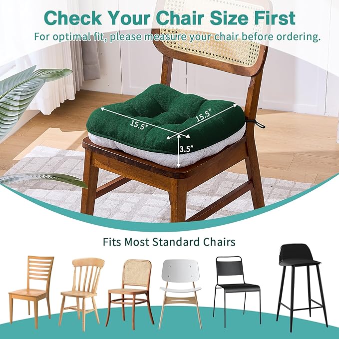 BETU Chair Cushions for Dining Chairs Set of 6,3.5" Thick Kitchen Table Chair Pads with Ties,Non Slip Backing and Covers, Seat Cushion for Dining Room,Bar,Patio Chairs,15.5"X15.5"X3.5",Dark Green