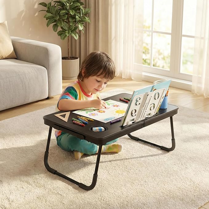 BUYIFY Foldable Laptop Bed Desk for Couch, Sofa - Large Lap Desk Tray Table with Cup Holder and Tablet Slot - Portable Notebook Stand for Eating, Writing, Studying and WFH (Black)-USA Original Patent