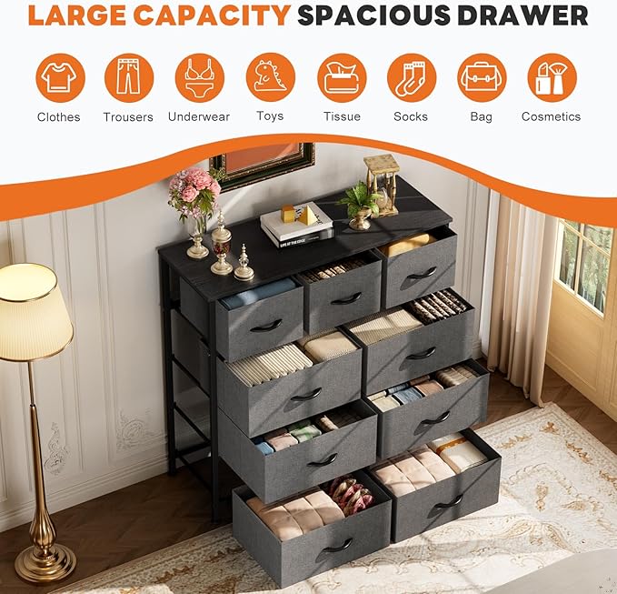Sweetcrispy 9 Drawer Fabric Dresser Storage Tower Drawer Organizer, Grey | Sturdy steel frame with wood top,easy-pull handles,Space-saving organizer chest for bedroom, closet, Lightweight and stable