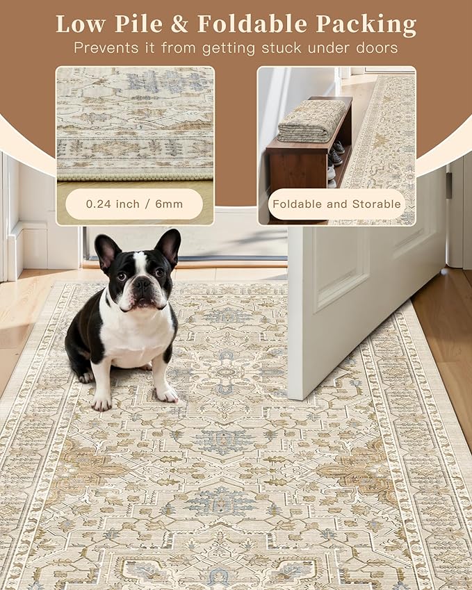 Madane Hallway Rug 3x10, Kitchen Rugs Washable Entryway Rug 10ft Vintage Kitchen Runners Non Slip Indoor Area Rug Farmhouse Carpet Runner for Bathroom Living Room Bedroom, Beige/Blue
