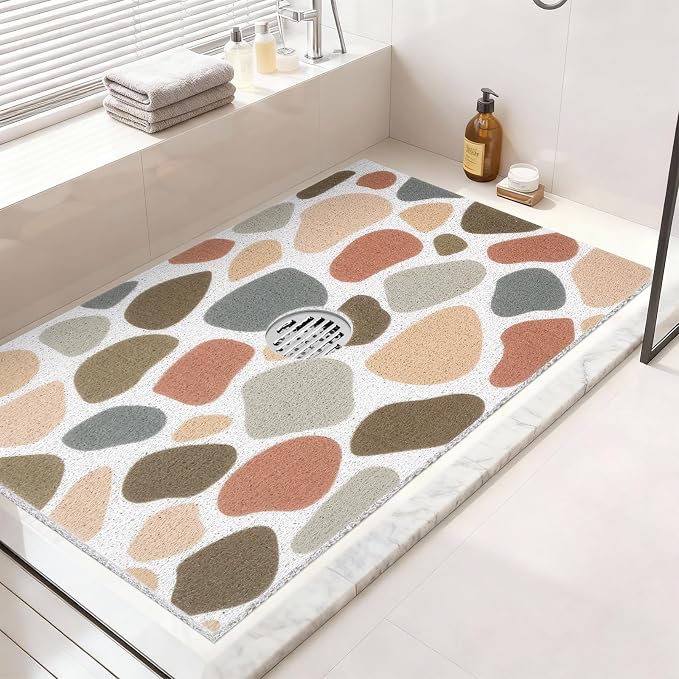Non Slip Shower Mat: 32x24 Inch Extra Large Shower Mats for Inside Shower with Drain Hole in Middle - Soft PVC Loofah Anti Slip Shower Floor Mat for Standing and Walk-in Shower, Quick Drying