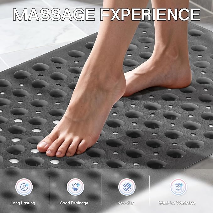 Anti-Slip Bathtub Shower mat, 40×16 inch（ 100 × 40cm） Soft Oversized Machine Washable Non-Slip Bathtub mat with Drainage Holes, Bathroom Floor Suction Cup.（1-Opaque Black）