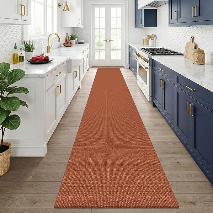 KOZYFLY Orange 2.5'x14' Runners Rugs for Hallway, Long Washable Runner Rug, Woven Non Slip Kitchen Runner, Flatweave Entryway Rug, Floor Carpet for Entry, Aisle, Hall, Burnt Orange/Tan