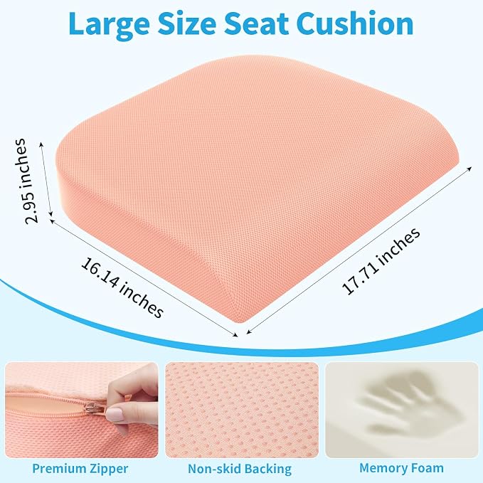 TranquilRelax Large Seat Cushion, Memory Foam Cushion for Long Sitting Hours on Office Chair, Home & Car, Non-Slip Chair Pad for Relieving Back & Sciatica & Hip & Coccyx Pain (Pink)