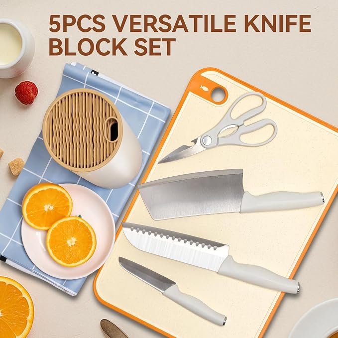 Small Knife Block Set, Modern Kitchen Knife Scissors with Universal Round Holder, Home Apartment New Kitchen Essentials, Space Saving, Dishwasher Safe(Vanilla White, 5PCS)