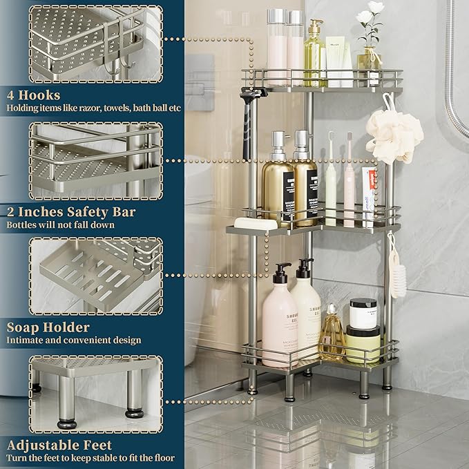 Consumest Corner Shower Caddy Standing - 3-Tier Stainless Steel Shower Organizer with Soap Holder and 4 Hooks, Large Capacity Corner Shelf Stand for Bathroom, Rest Room, Sand Nickel