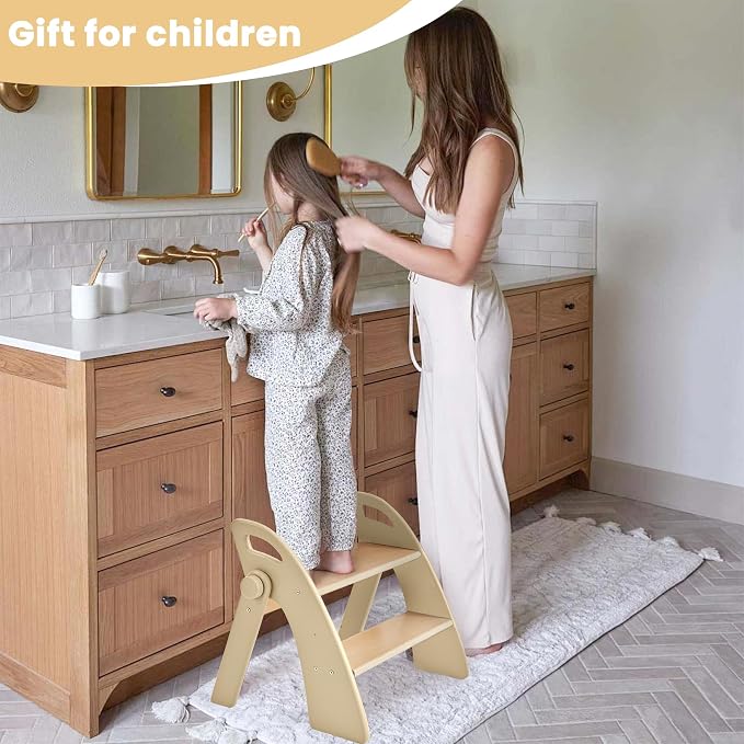 Wooden 2 Step Stool for Toddlers, Foldable 2-Step with Non-Slip Pads and Handles, Bamboo Step Stool for Kids Bathroom Sink and Potty Training, Kitchen Helper, Nursery Bedroom (Log Color)