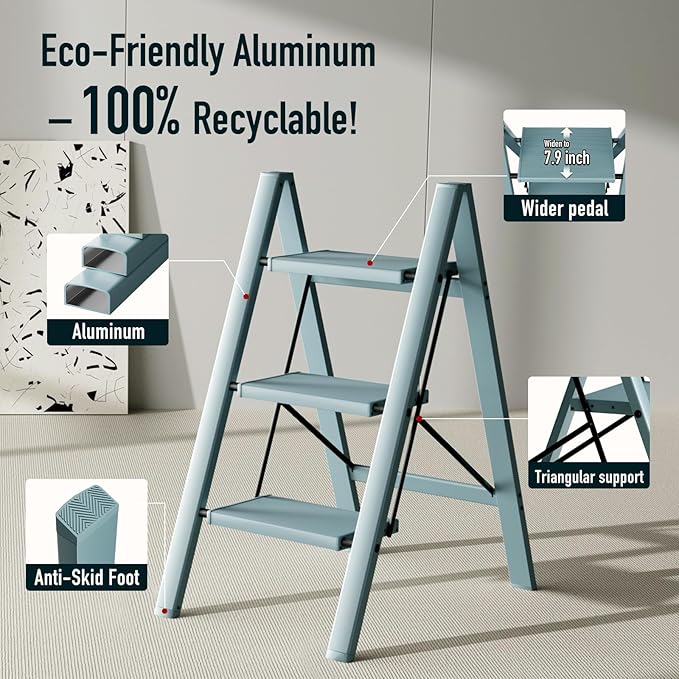 Mayi Plus 3 Step Ladder,Aluminum Folding Step Stool for Adults,Step Ladder with Wide Anti-Slip Pedal,330 lbs Capacity for Home,Office,Kitchen,Library(Blue)