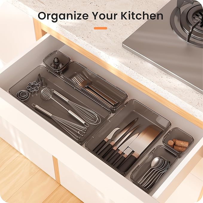 A-LuGei 【Military Grade Drawer Organizer, 【𝟱𝗦𝗶𝘇𝗲】 Makeup organizer, 【Holds 177 Items】 Bathroom Organizers and Storage, Organization and Storage, Desk Drawer Organizer for Vanity (Clear Black)