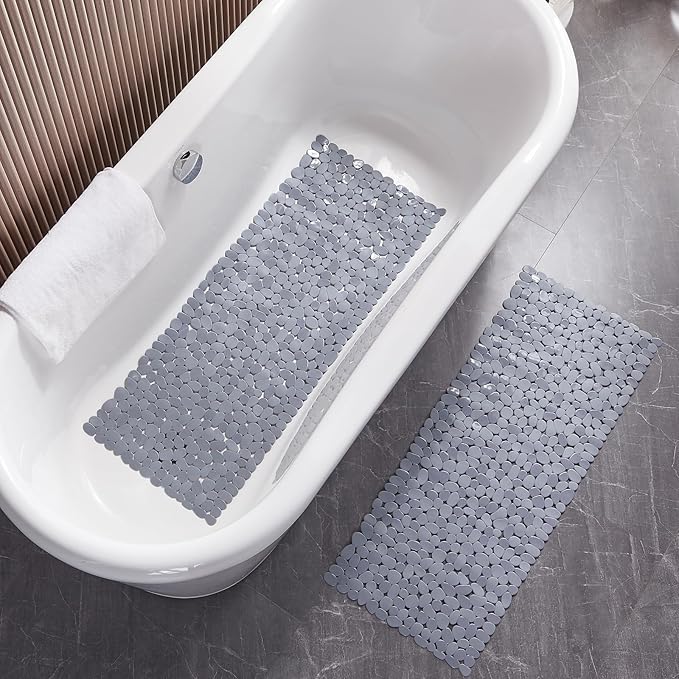 Webos Bath Shower Mat Non Slip: Extra Large Pebble Bathtub mat for Families, Anti Slip Shower Matt with Drain Holes Suction Cups Tub Mat - 16 X 40 Inch Grey