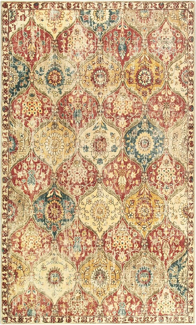 Lahome Moroccan Trellis Washable Small Area Rug, 3x5 Area Rug for Bedroom Living Room, Non-Slip Oriental Accent Throw Carpet for Kitchen Office Entryway Bathroom Office Elise, Red/Orange