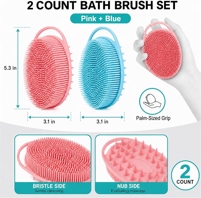 2 Pack Silicone Body Scrubber, Loofah Double-Sided Body Brush,Shower Scrubber and Scalp Massager Shampoo Brush for Sensitive Kids Women Men All Kinds of Skin (Pink & Blue)