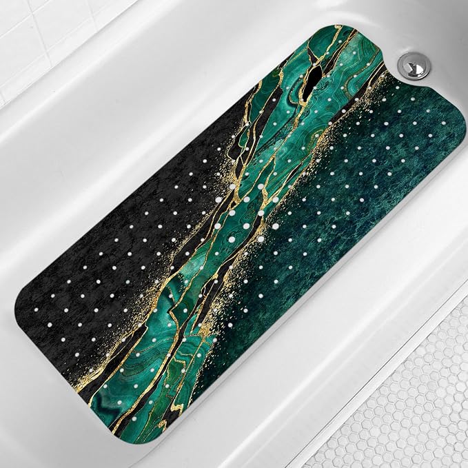 LNOND Marble Bath Tub Mat Non Slip, Extra Long 40 X 16 Inch Anti Slip Mat for Bathtub, Green Gold Marble Shower Mat with Drain Holes and Suction Cups, Machine Washable