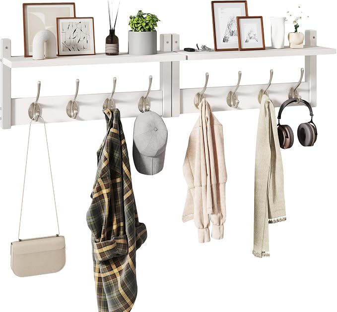 YMYNY Coat Rack Shelf Wall Mounted, Coat Hooks Set of 2, Entryway Coat Hanger with 4 Double Hooks, 31.5" Wall Floating Shelf with Hat Rack, for Kitchen, Bedroom, Bathroom, White UHWS001W-2