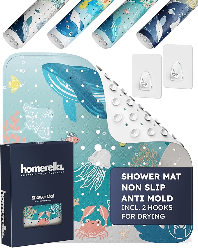 homerella® Shower Mat Non Slip Anti Mold, Non Slip Shower Mats for Inside Shower Stall Anti Slip Mat, Square Shower Floor Mat 21 x 21 in with Suction Cups & Hooks for Quick Drying, Machine Washable