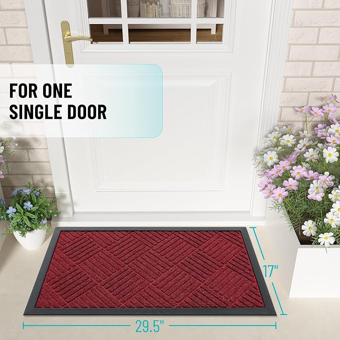 OLANLY Front Door Mat Outside Entrance 29.5x17, Absorbent, Heavy Duty Sturdy Natural Rubber Doormat Indoor Outdoor, Stain Fade Resistant, Non-Slip Low Profile Floor Mat for Entryway, Black Red Diamond