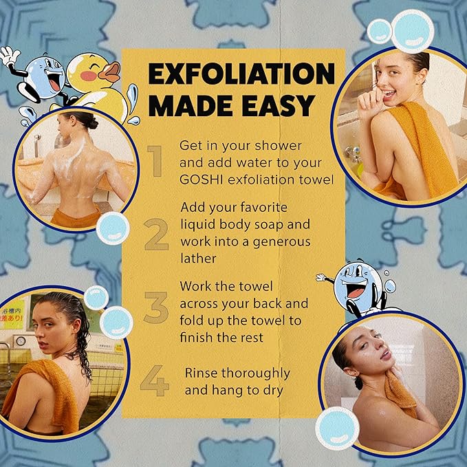 GOSHI Exfoliating Shower Towel - Long Body Scrubber for Back Acne, KP & Smooth Skin - Durable Rip-Resistant Weave, Quick-Dry Nylon Washcloth - Ethically Crafted in Gunma, Japan - Orange