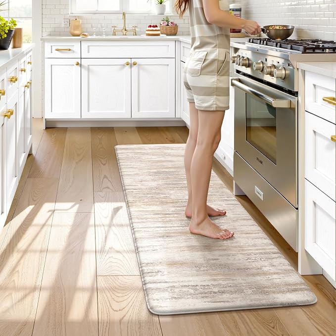 KIMODE Anti Fatigue Mats for Kitchen Floor, Farmhouse Kitchen Runner Rugs 24"x59", Non Slip Kitchen Mats for Floor, Padded Kitchen Floor Mats, Light Brown Rugs for Kitchen Floor Sink Laundry Office