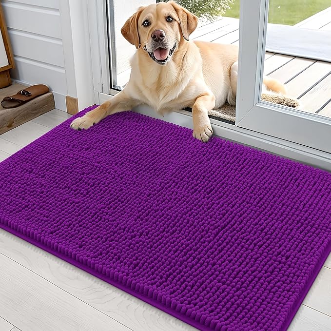 OLANLY Dog Door Mat for Muddy Paws 35x24, Absorbs Moisture and Dirt, Absorbent Non-Slip Washable Doormat, Quick Dry Chenille Mud Mat for Dogs, Entry Indoor Entryway Carpet for Inside Floor, Purple