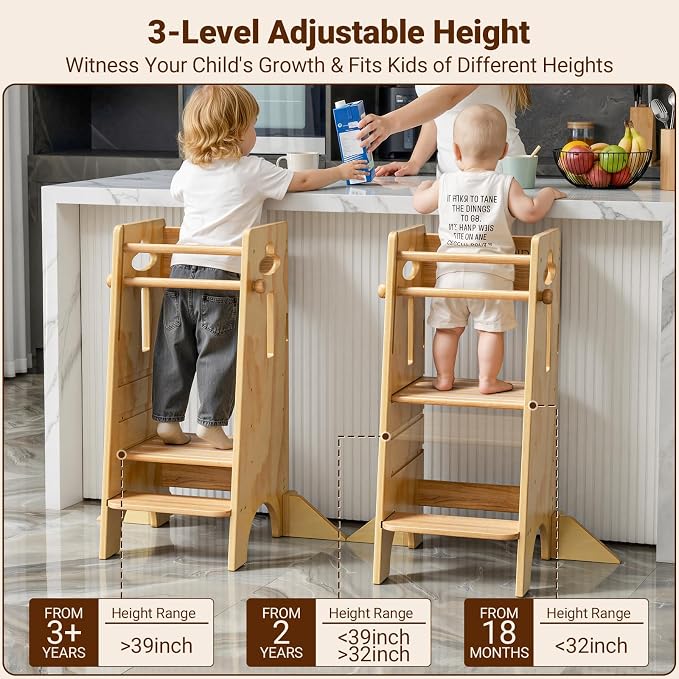 COSYLAND Height Adjustable Toddler Standing Tower(NO Wide Back Panel) - Super Stable Kids Kitchen Stool Helper with 4 Support Blocks - 3 Levels Adjustable Wooden Kitchen Stool (All Natural)