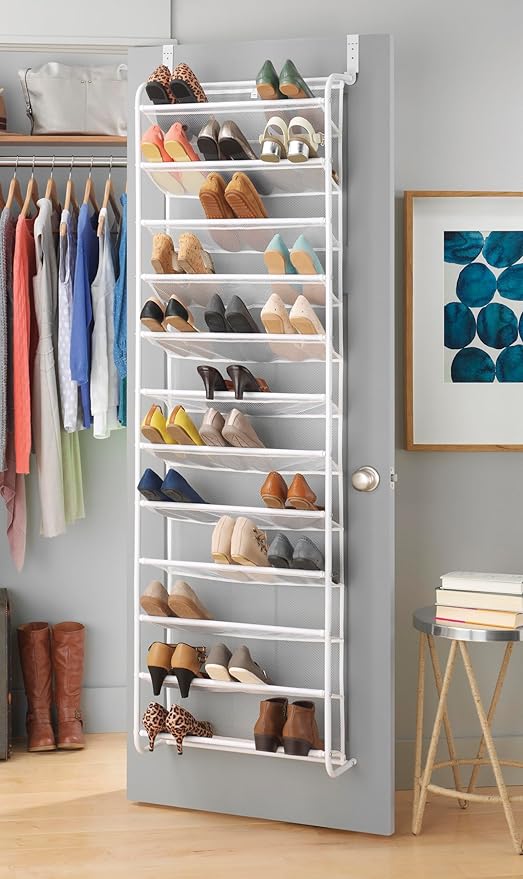 Whitmor 36 Pair Over The Door Shoe Organizer, 12 Tier Hanging Shoe Organizer, Heavy Duty Metal & Mesh Shoe Holder, Hanging Shoe Rack for Closet Organizer & Storage, 74"H x 21.7"W x 7.5"D, White