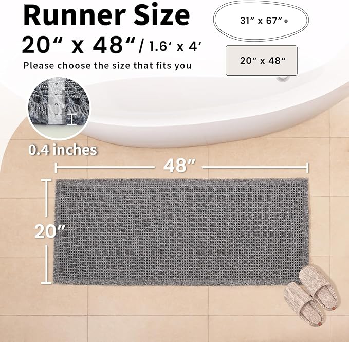 Waffle Bath Mat - Boho Bathroom Rugs Non Slip Washable, Super Absorbent & Quick Dry, Soft Bath Mat Farmhouse Bathroom Decor, 20'' x 48'', Dark Grey