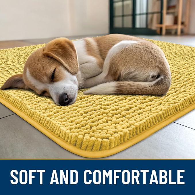 Smiry Dog Door Mat for Muddy Paws 24x16, Absorbent Dirt Trapper, Non-Slip Washable Chenille Entryway Rug for Inside Floor, Yellow, Classic Solid