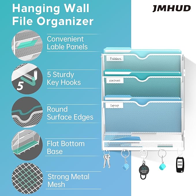 Wall File Organizer - Hanging File Organizer with 5 Hooks, Mail Holder Wall Mounted for Papers, Folders, Magazines, Bills, 4 Tier Office&School Organization, White