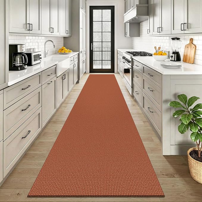 KOZYFLY Orange 2.5'x12' Runners Rugs for Hallway, Long Washable Runner Rug, Woven Non Slip Kitchen Runner, Braided Entryway Rug, Floor Carpet for Entry, Aisle, Hall, Burnt Orange/Tan