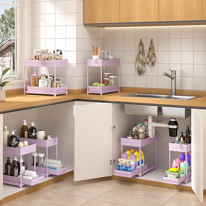 Sevenblue 3 Pack Under Sink Organizers,2-Tier Multi-Use Kitchen and Bathroom Organizers and Storage with Sliding Drawers,Bathroom Cabinet Organizer (Pink, 12.8 Inch)
