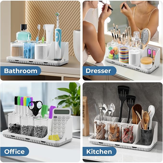PARKMANI Bathroom Counter Organizers and Storage, Toothbrush Holders for Bathrooms with 3 PCS Qtip Holder, Kids Electric Toothbrush and Toothpaste Holder for Bathroom Vanity Sink Organizer (White)