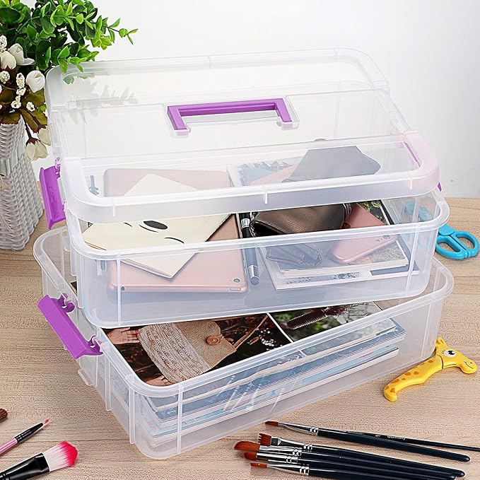 JUXYES 2-Tiers Stack Carry Storage Box With Handle, Transparent Stackable Storage Bin With Handle Lid Latching Storage Container for School & Office Supplies