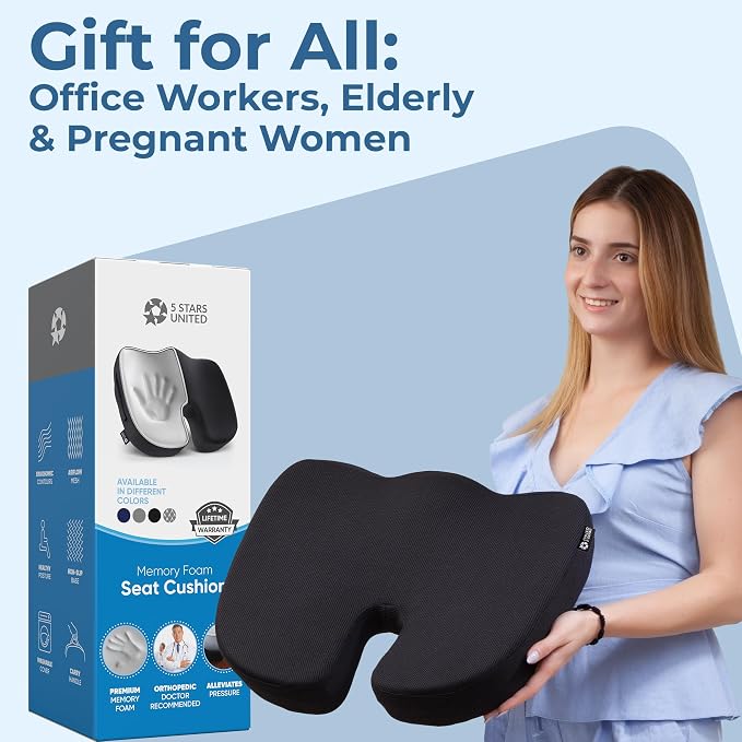 5 STARS UNITED Seat Cushion - Memory Foam & Cooling Gel - Chair Cushion for Tailbone Pain Relief - Ergonomic Support for Coccyx, Sciatica & Butt - Office, Desk & Gaming Chair, Car, Wheelchair, Black