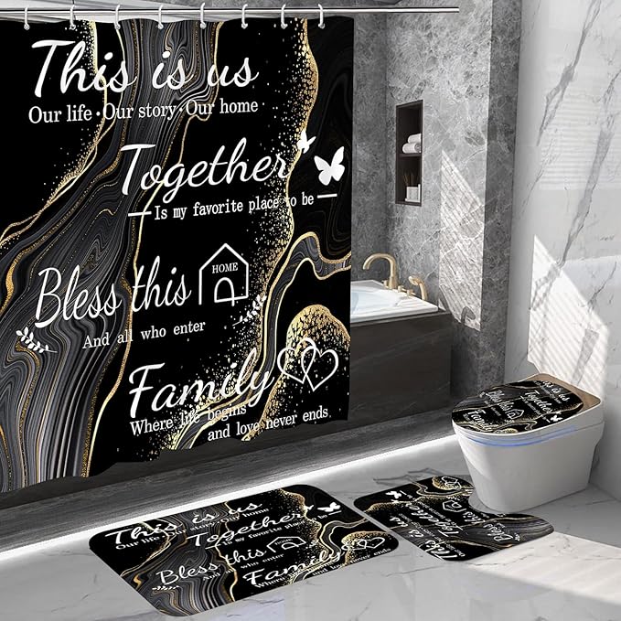 4Pcs Family Marble Shower Curtain Sets with Rugs,Black Home Inspirational Bathroom Decor Set, Bathroom Sets with Shower Curtain and Rugs, Waterproof Bathroom Shower Curtains, with 12 Hooks