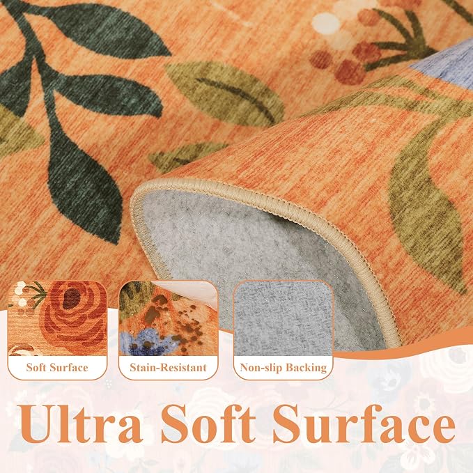DUKINO 6x9 Area Rug, Floral Washable Rugs for Living Room with Non Slip Backing & Non-Shedding, Lightwight Low Pile Boho Design Large Carpets for Bedroom, Living Room, Dining Room, Orange