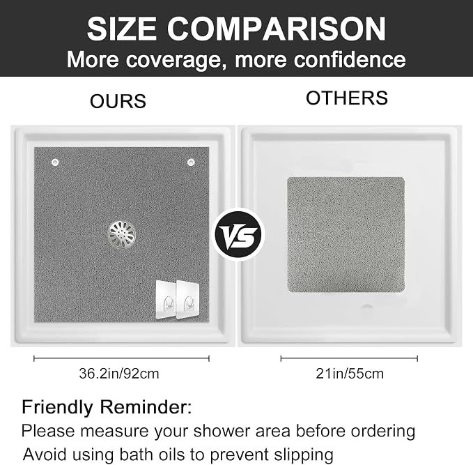 Extra Large Square Shower Mat for Inside Shower, 36 x 36 Inch Shower Floor Mat with Center Drain Hole, Designed for Walk-in Showers, Non-Slip Loofah Mat with Wide Coverage for Stable Standing