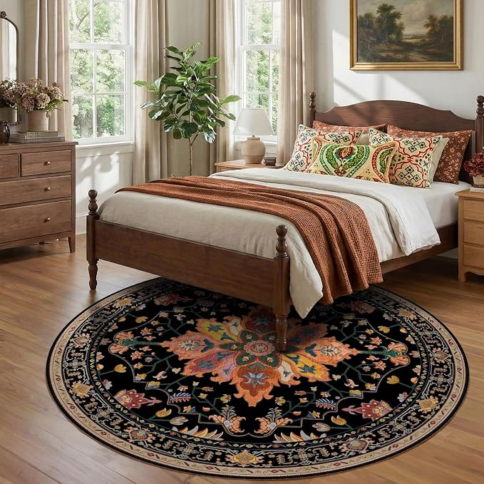 RELEANY Area Rugs Round 8ft Washable Non-Slip, Floral Vintage Distress Medallion Carpet for Living Room Bedroom Dining Room, Black Colorful Floral Dark Tan